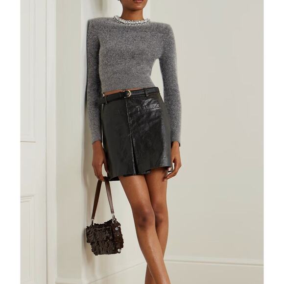 SELF-PORTRAIT Cropped crystal-embellished knitted sweater Gray Size Large - Picture 2 of 11